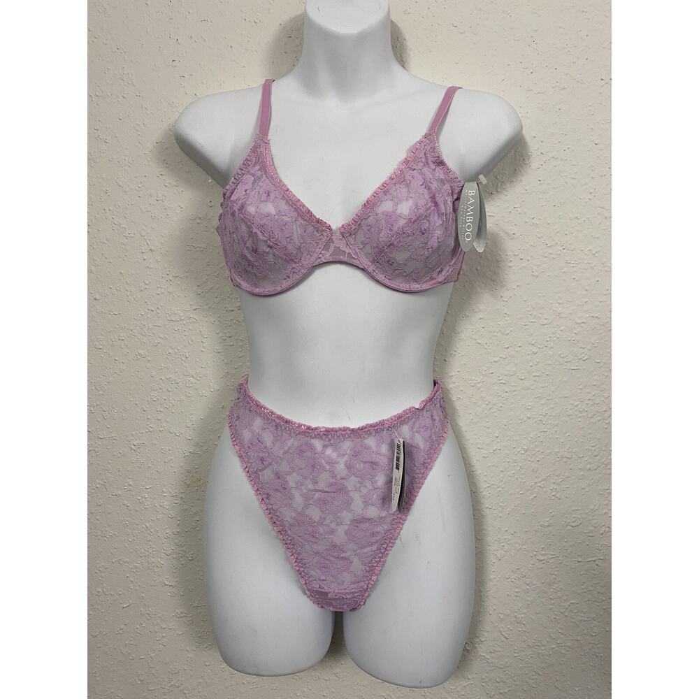 VINTAGE 2PC SET 90S BAMBOO HELENE MILLER NY Sexy Lace PURPLE Bra 34A/SM Panty